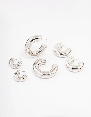 Silver Thick Smooth Hoop Earrings 3-Pack