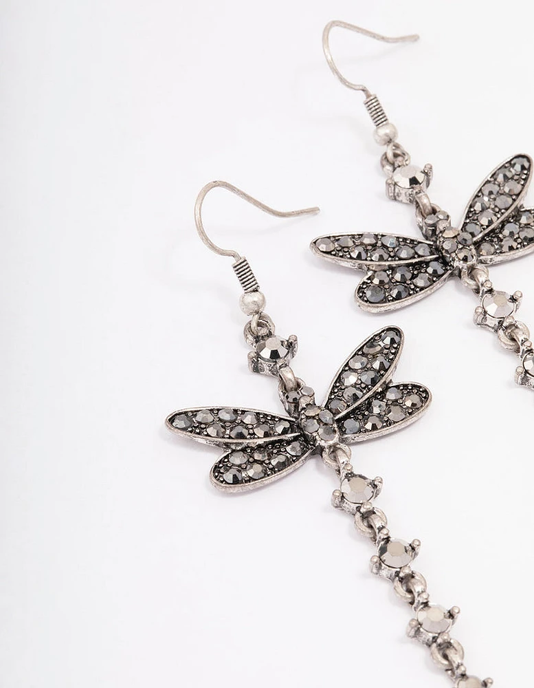 Antique Silver Dragonfly Drop Earrings