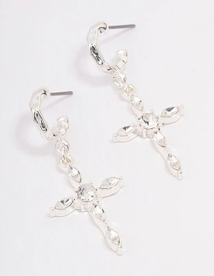 Silver Diamante Cross Huggie Earrings