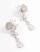 Silver Cubic Zirconia Flower Diamante Drop Earrings