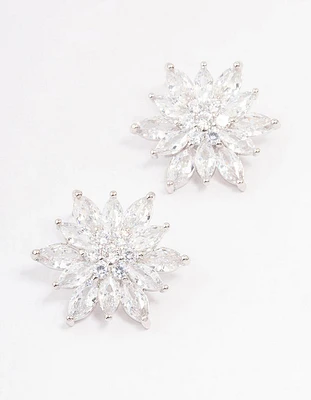 Silver Cubic Zirconia Flower Stud Earrings