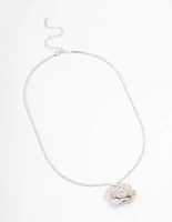 Rhodium Rose Diamante Pendant Necklace