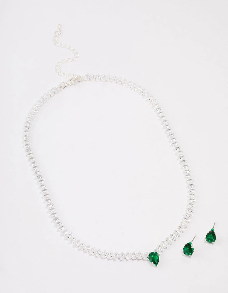 Silver Emerald Navette Jewellery Set