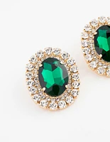 Gold Luxe Oval Emerald Halo Stud Earrings