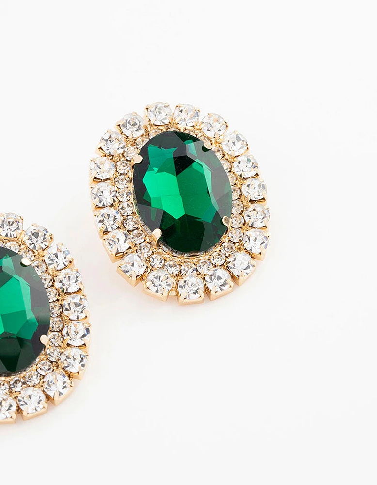 Gold Luxe Oval Emerald Halo Stud Earrings