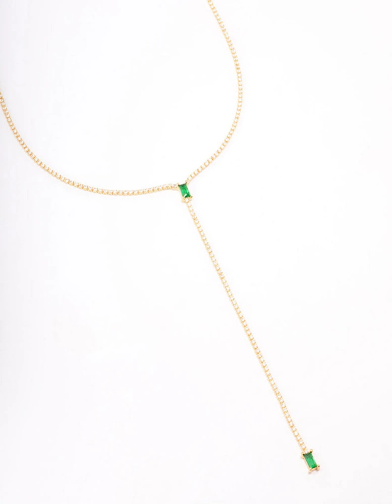 Gold Plated Cubic Zirconia Baguette Emerald Y-Shaped Necklace