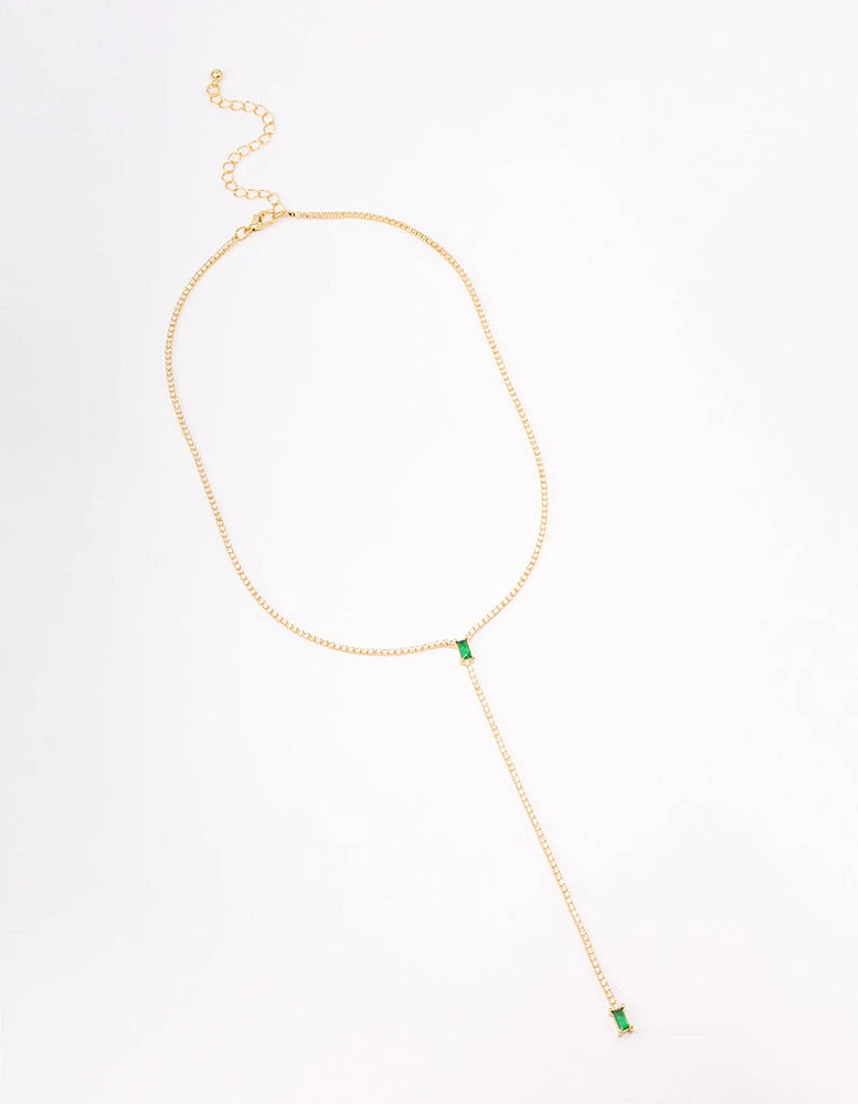 Gold Plated Cubic Zirconia Baguette Emerald Y-Shaped Necklace