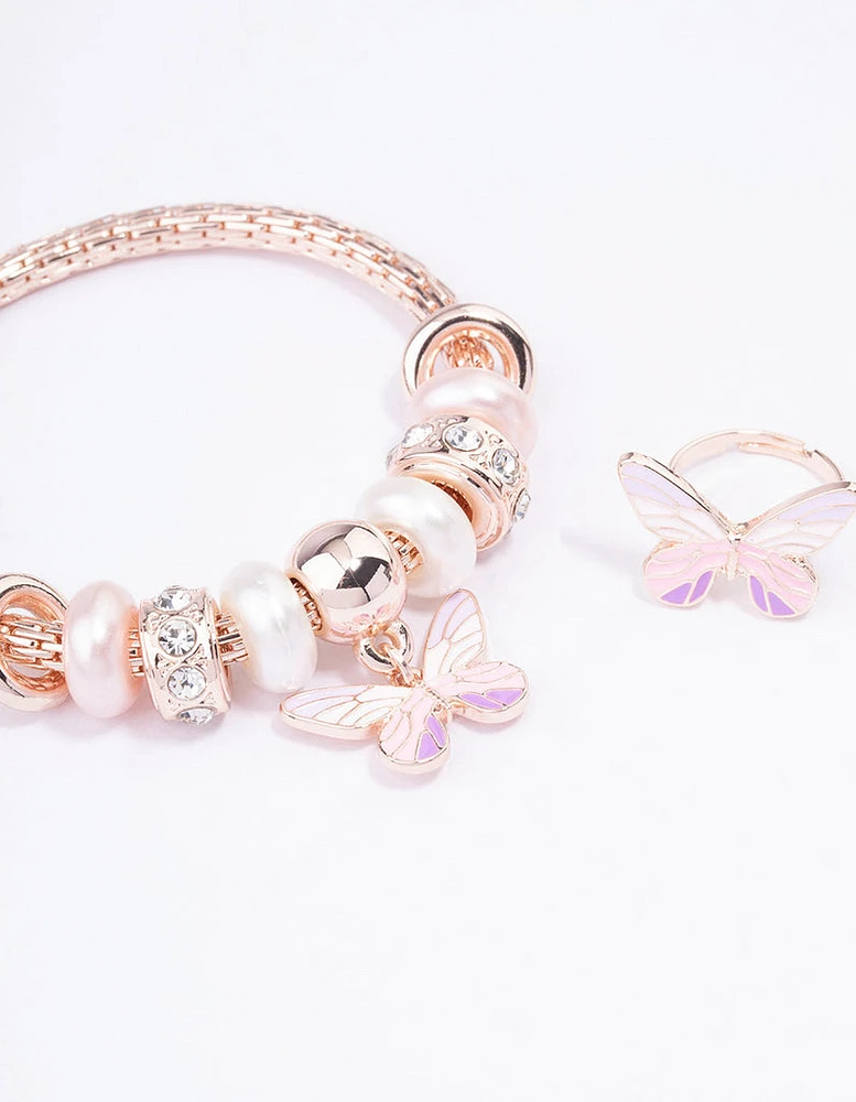 Kids Rose Gold Stretch Glitter Butterfly Bracelet & Ring Set