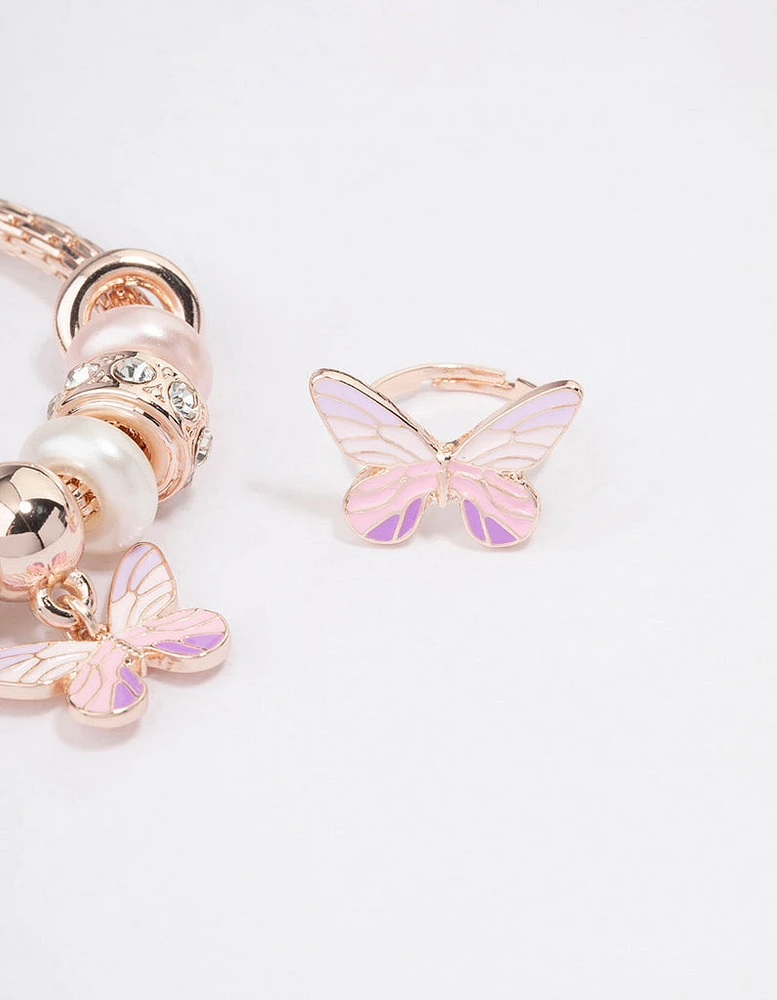 Kids Rose Gold Stretch Glitter Butterfly Bracelet & Ring Set