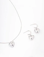 Silver Bold Heart Necklace & Earrings Jewellery Set