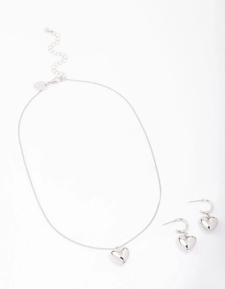 Silver Bold Heart Necklace & Earrings Jewellery Set