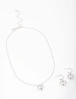 Rhodium Bold Heart Necklace & Earrings Jewellery Set