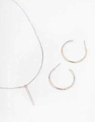 Silver Slim Stick Necklace & Earrings Jewellery Set