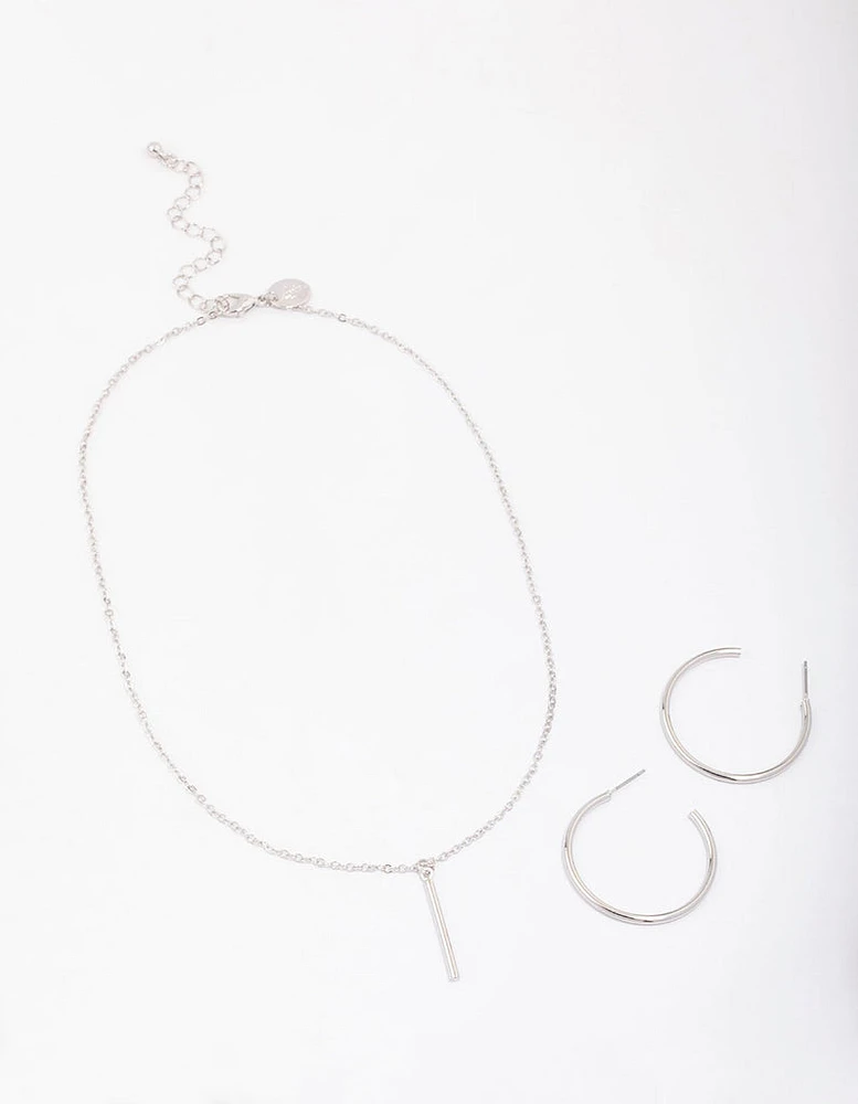 Silver Slim Stick Necklace & Earrings Jewellery Set