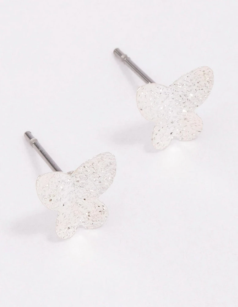 Silver Sandblast Butterfly Stud Earrings