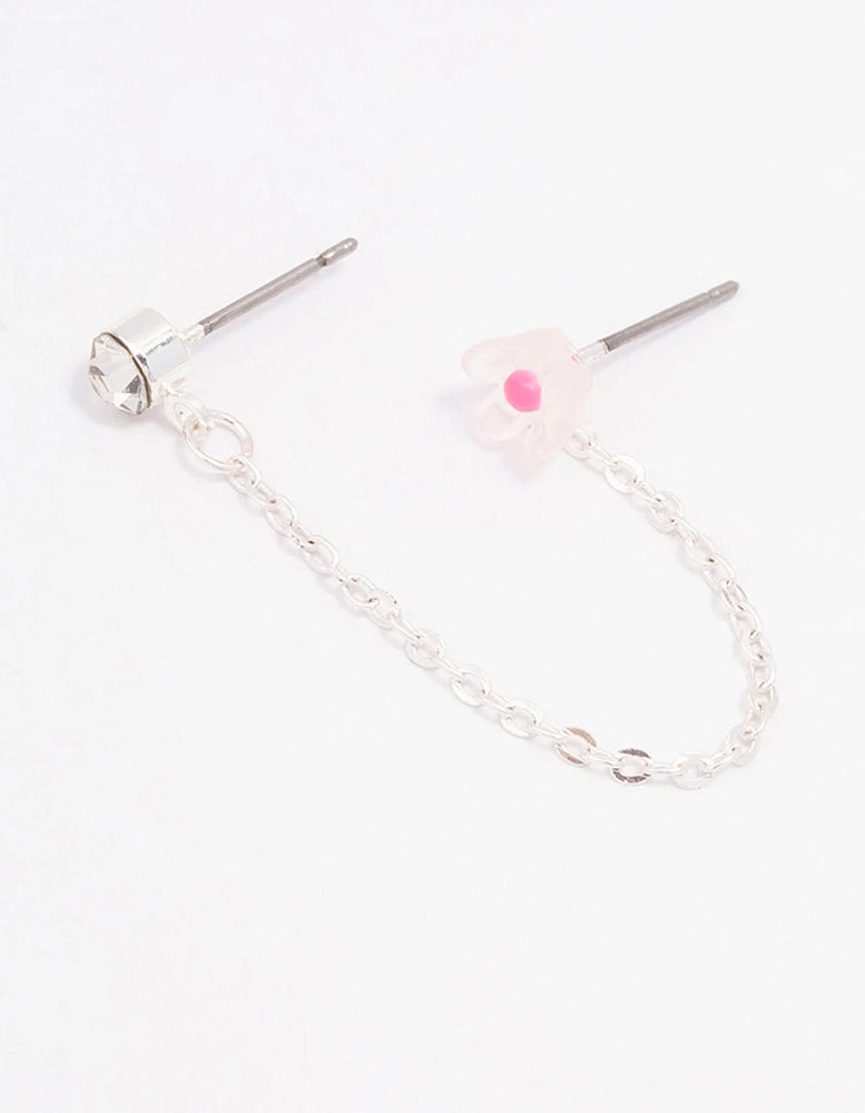 Pink Flower Diamante Stud Chain Earrings