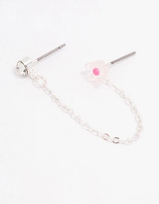 Pink Flower Diamante Stud Chain Earrings