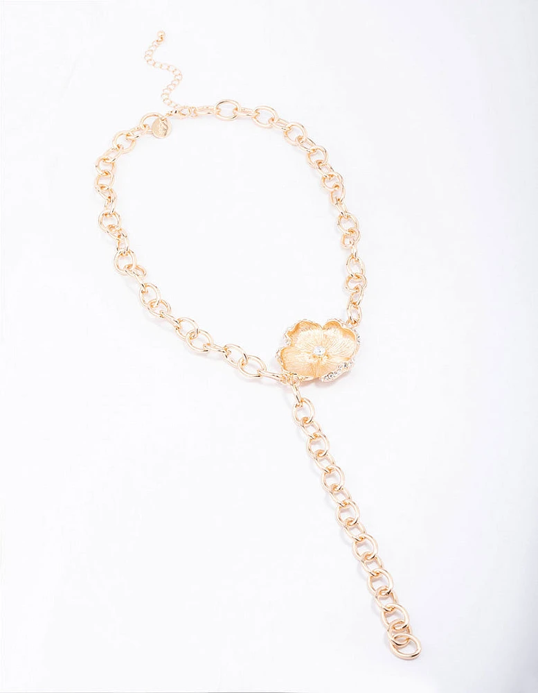 Gold Flower Diamante Cup Chain Necklace