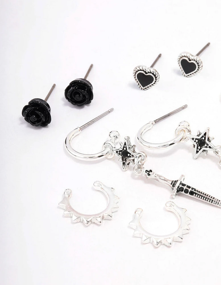 Silver Mixed Heart & Rose Earring 5-Pack