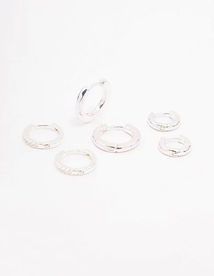 Rhodium Cubic Zirconia Minimal Huggie Hoop Earrings 3-Pack