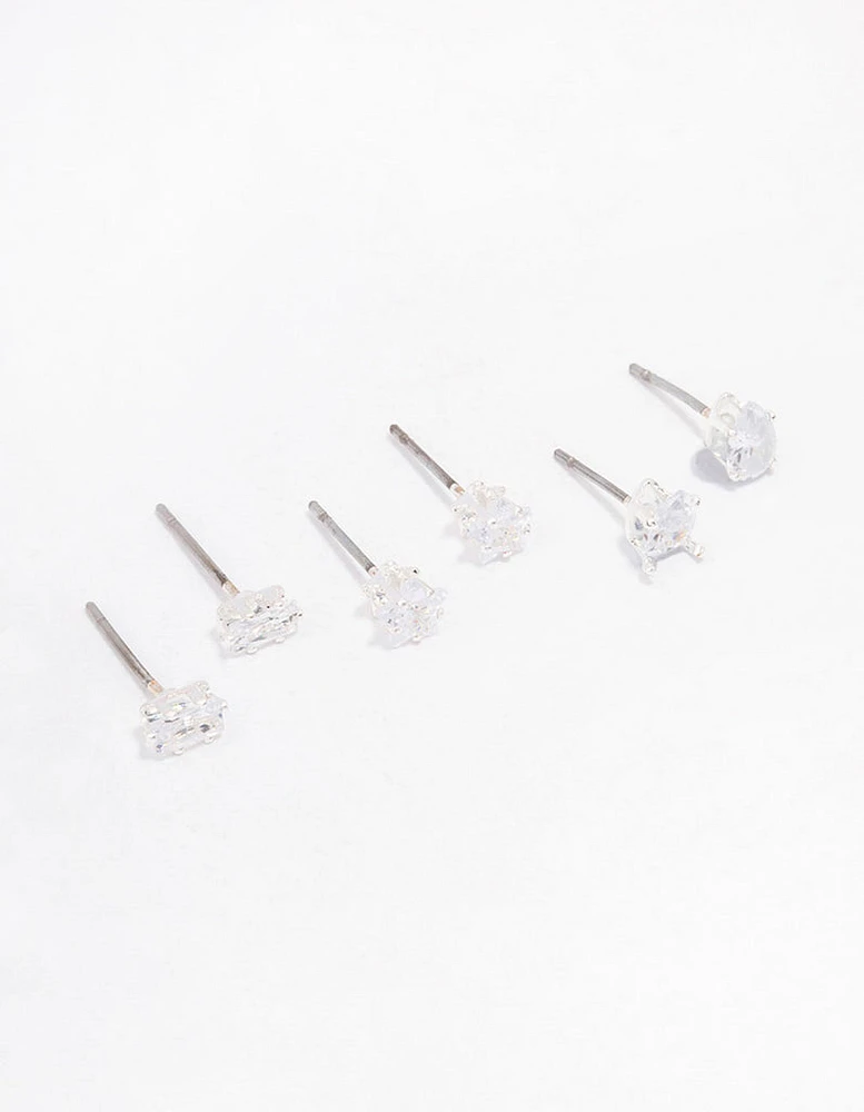 Silver Cubic Zirconia Mixed Shape Stud Earrings 3-Pack