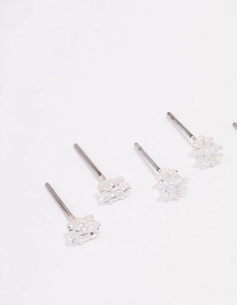 Silver Cubic Zirconia Mixed Shape Stud Earrings 3-Pack