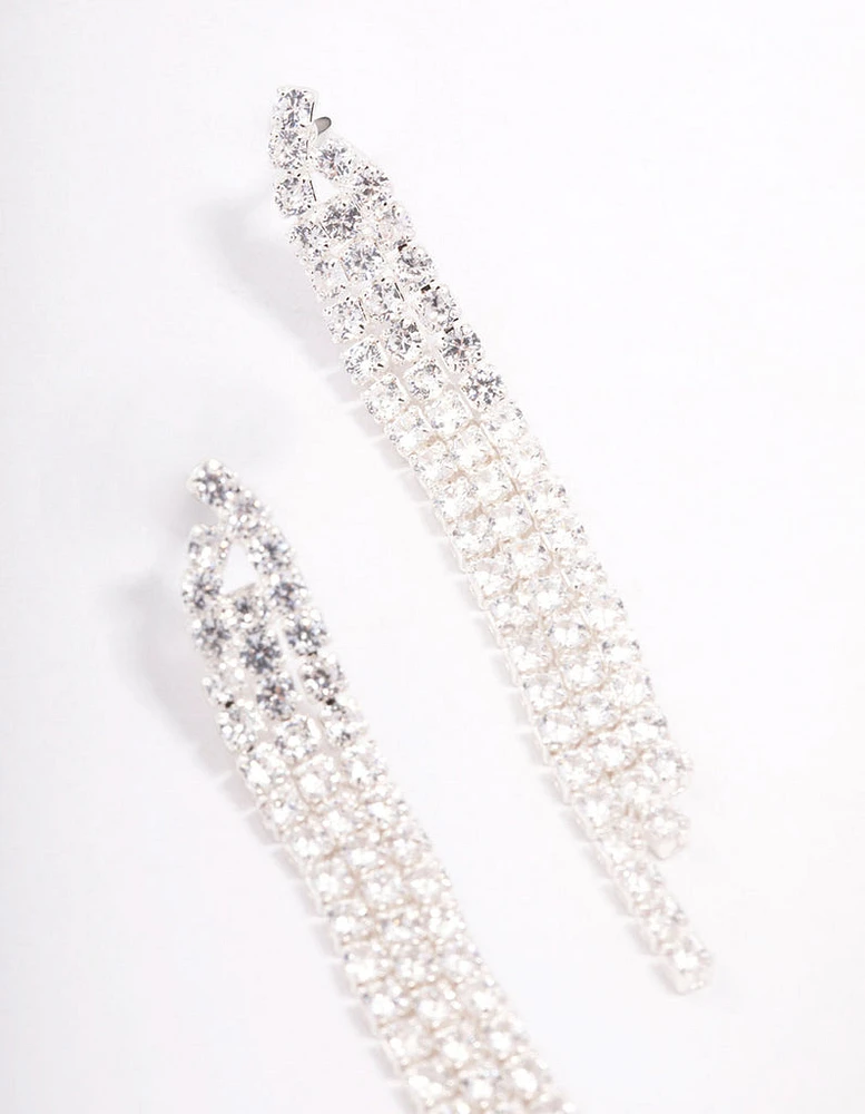 Silver Plated Brass  Triangular Cubic Zirconia Cup Chain Drop Earrings