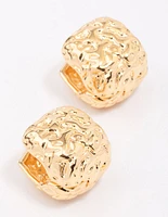 Gold Plated Brass Molten Square Huggie Earrings