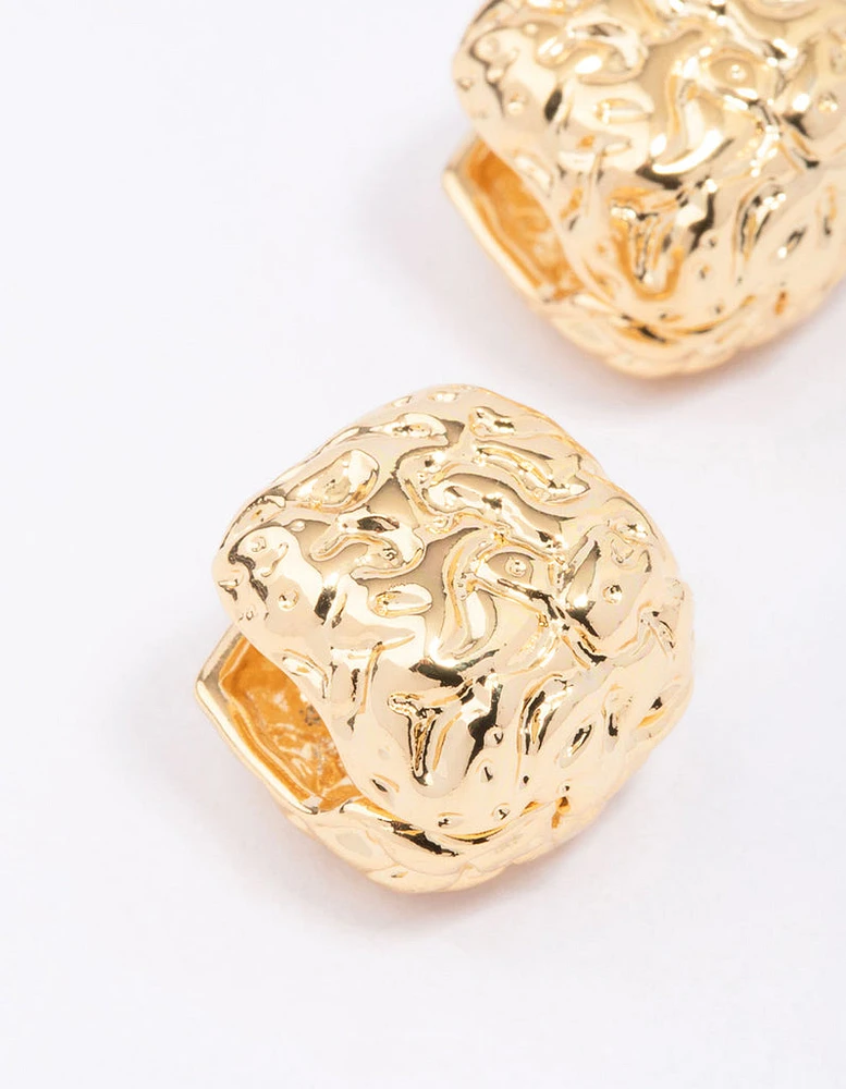 Gold Plated Brass Molten Square Huggie Earrings