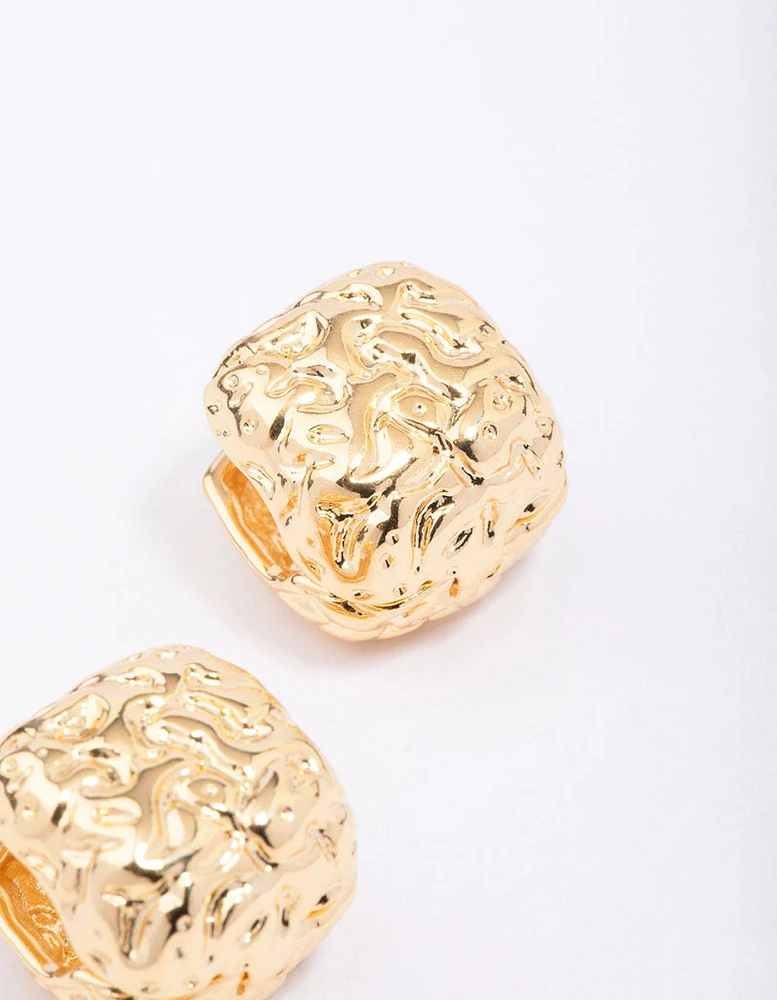 Gold Plated Brass Molten Square Huggie Earrings