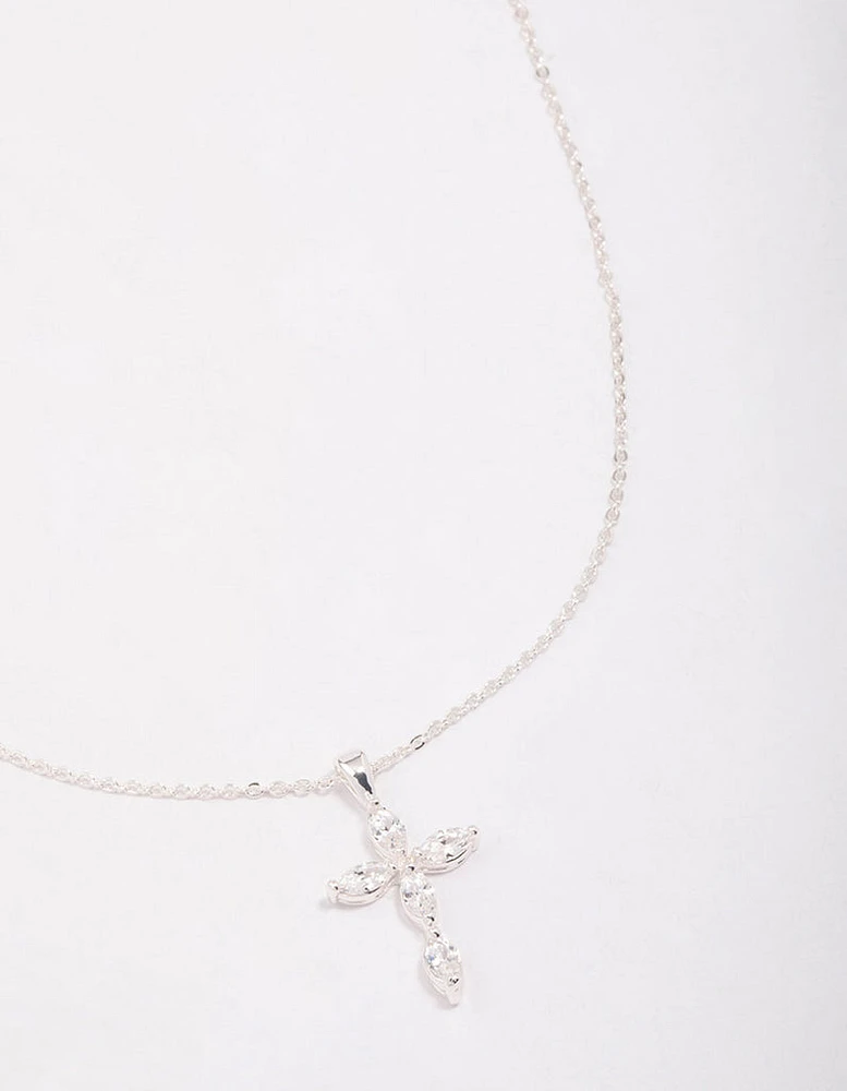 Silver Plated Brass  Large Marquise Cross Pendant Necklace