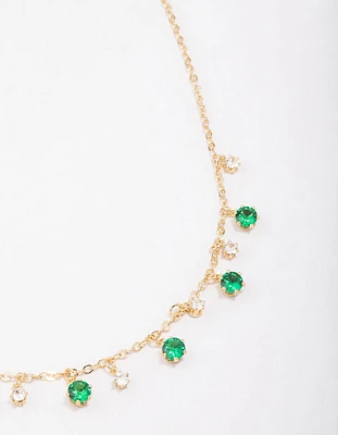 Gold Plated Brass Alternating Cubic Zirconia Droplet Pendant Necklace