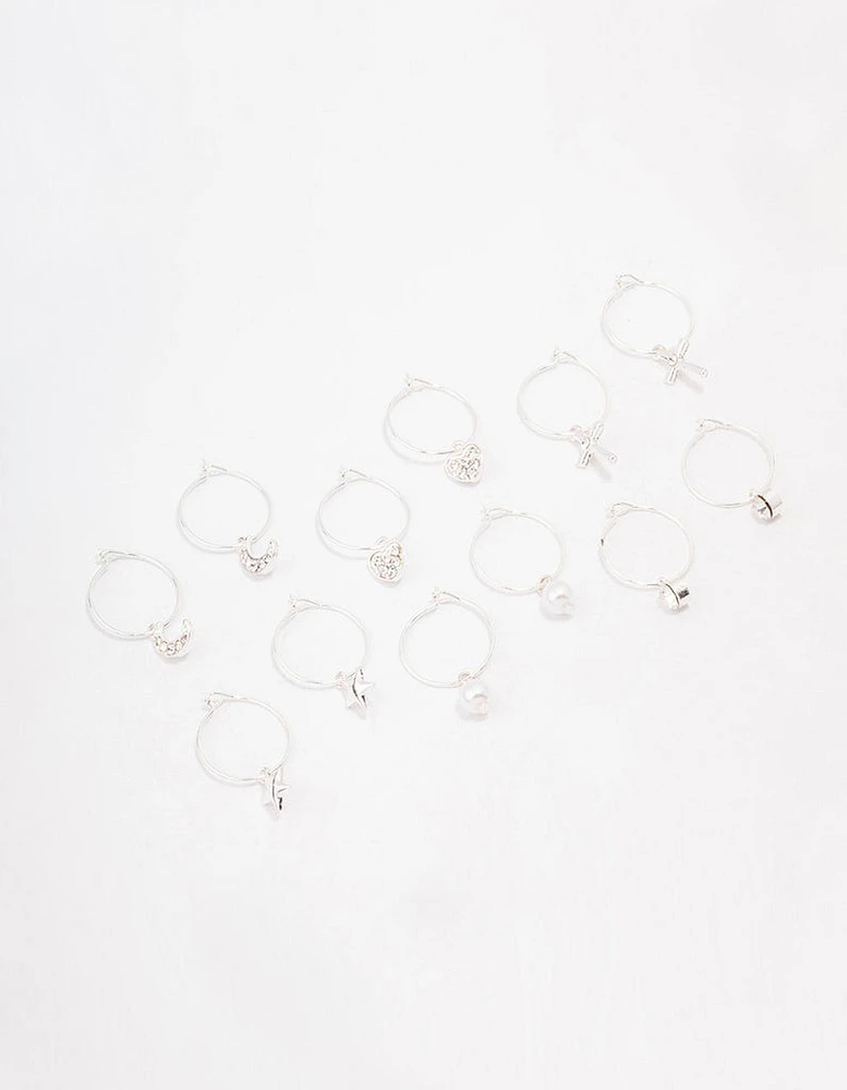 Silver Crystal Heart Wire Hoop Earring 6-Pack