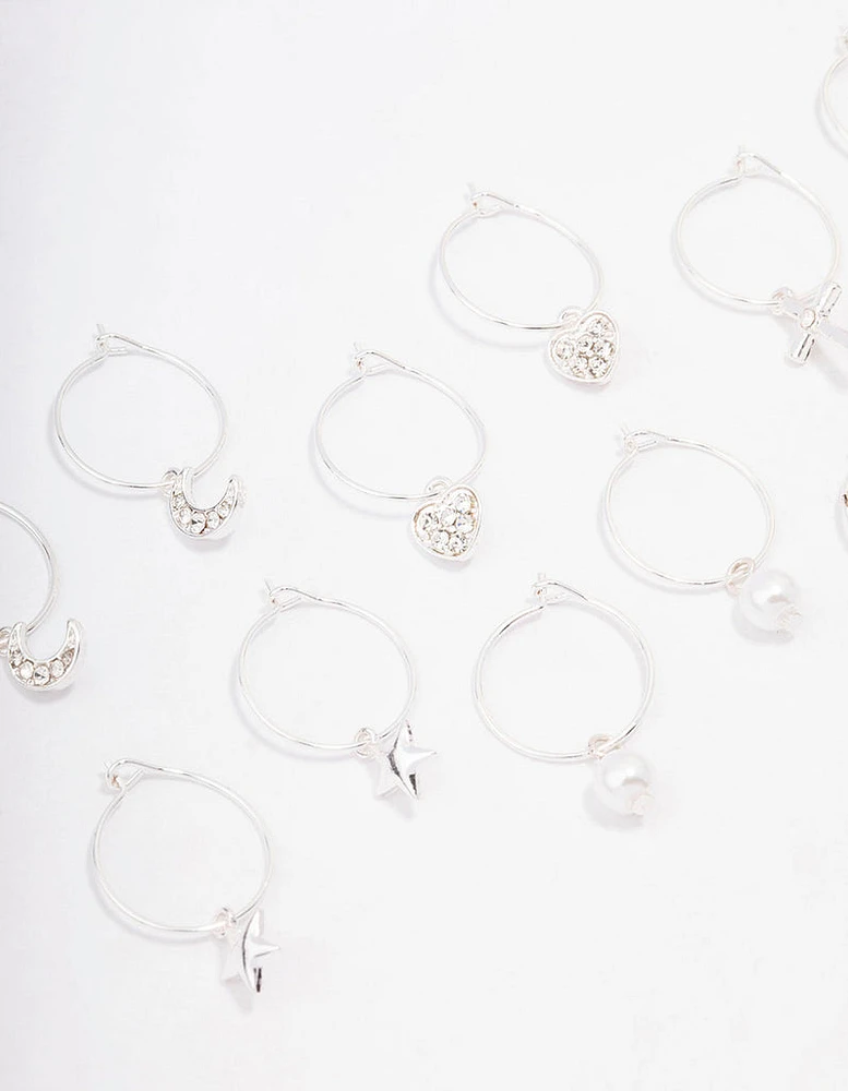 Silver Crystal Heart Wire Hoop Earring 6-Pack