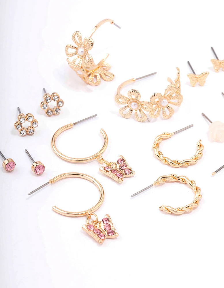 Gold Flower & Butterfly Earring 8-Pack