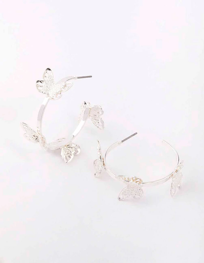 Silver Sandblast Butterfly Hoop Earrings