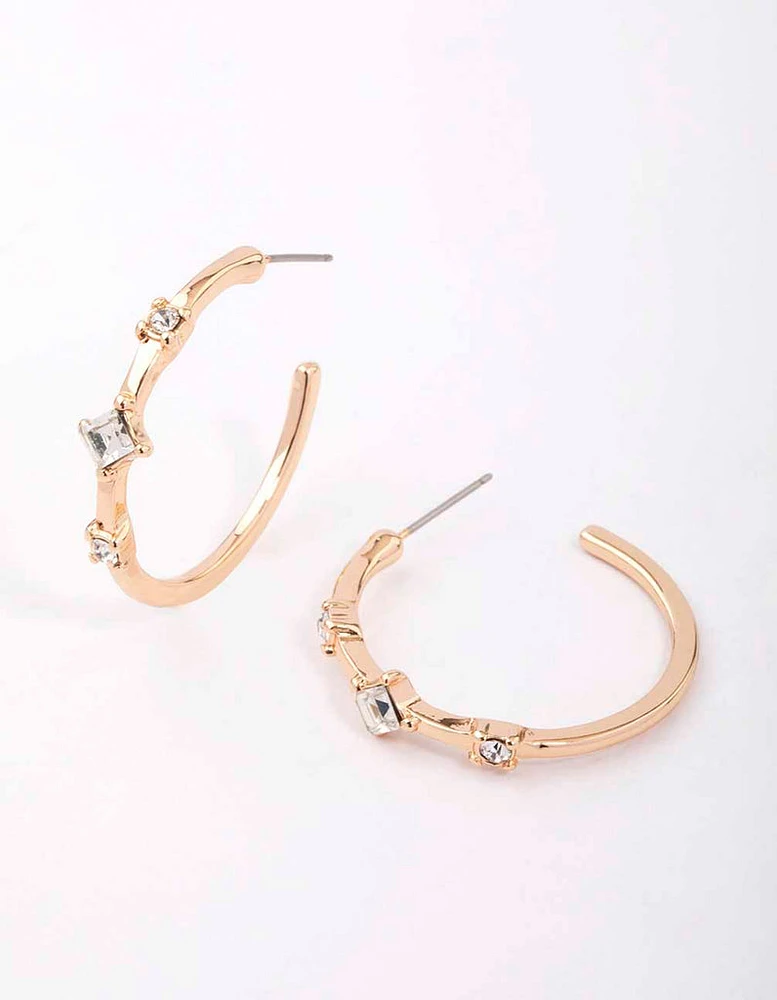 Gold Square Diamante Encased Hoop Earrings