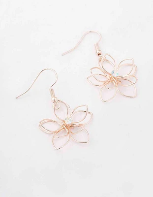 Rose Gold Diamante Wire Flower Drop Earrings