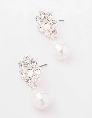 Silver Diamante Flower Pearl Drop Earrings