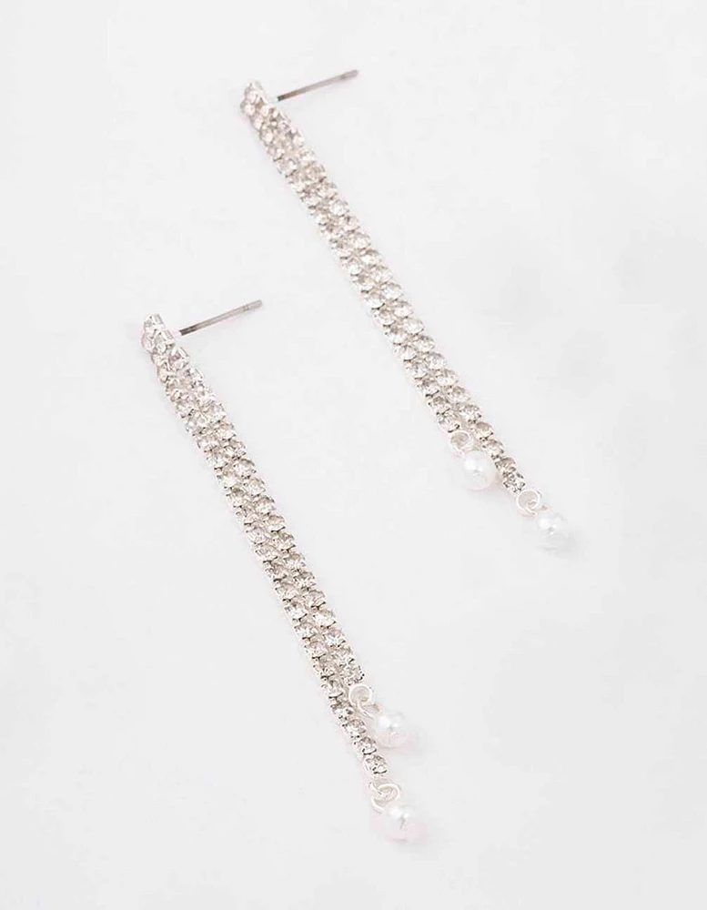 Silver Double Cupchain Pearl Drop Earrings