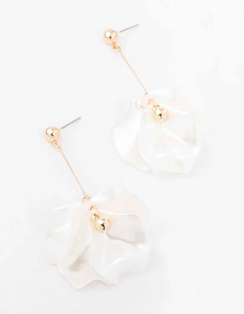 Gold & White Pearlised Petal Drop Earrings