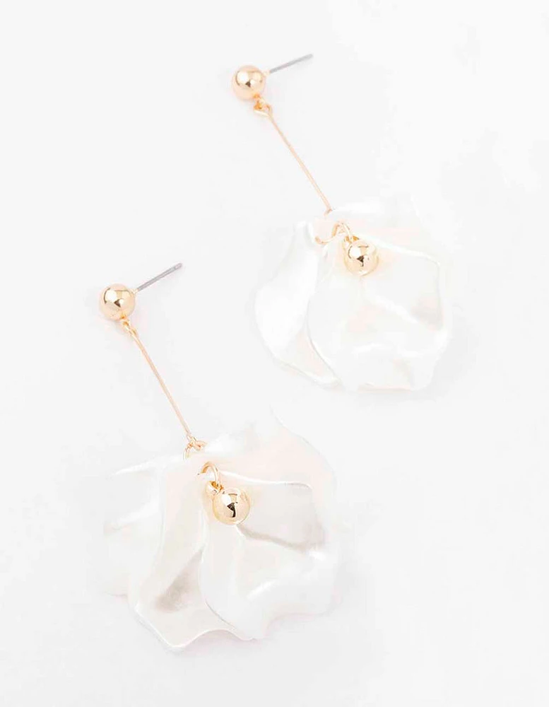 Gold White Pearlised Petal Drop Earrings