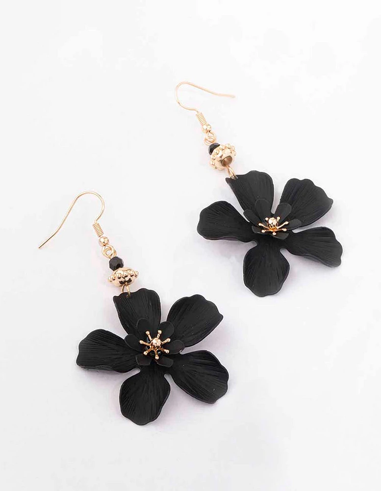 Black Bead Matte Flower Drop Earrings