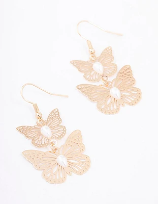 Gold Double Pearl Butterfly Drop Earrings