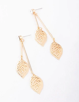 Gold Diamante Layered Leaf Drop Earrings