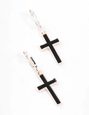 Silver Cross Drop Huggie Earrings