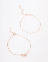 Rose Gold Pearl Diamante Heart Bracelet 2-Pack