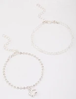 Silver Beaded Diamante Flower Bracelet Pack