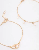 Gold Diamante Bead Link Heart Bracelet Pack
