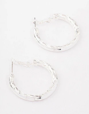 Silver Fine Line Textured Hoop Earrings